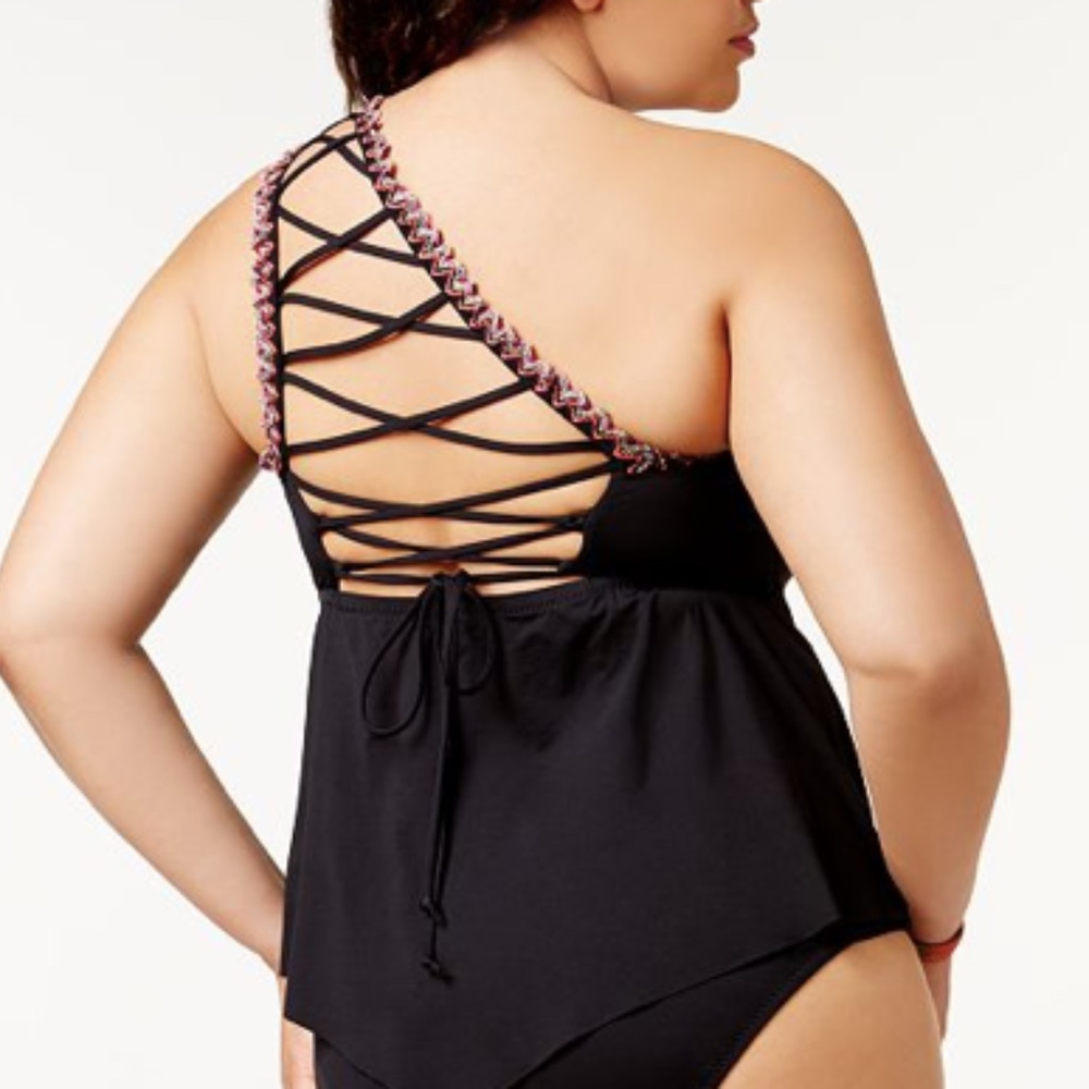 Becca Womens Plus One Shoulder Crochet Tankini Top